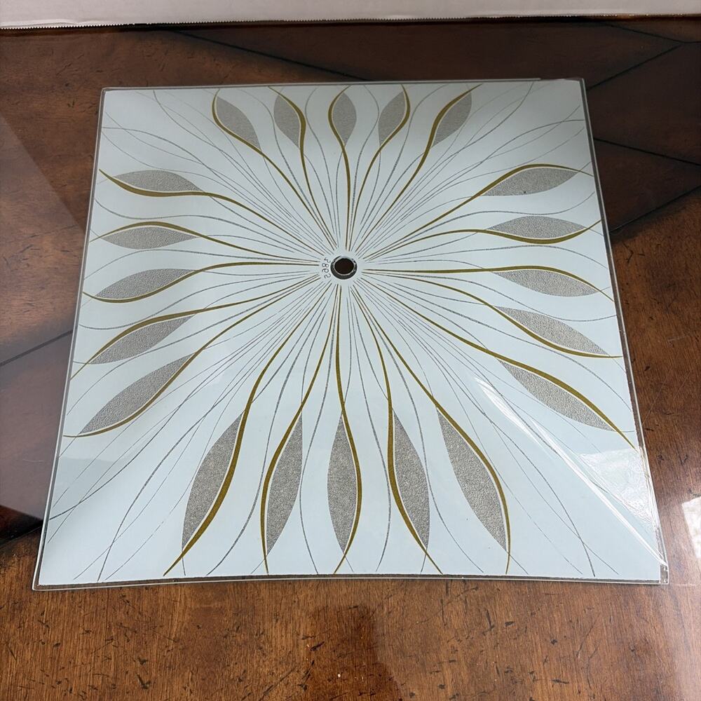 MCM Ceiling Light Fixture Cover 13.5" Square White Glass Gold Gilt Shade 50s 60s